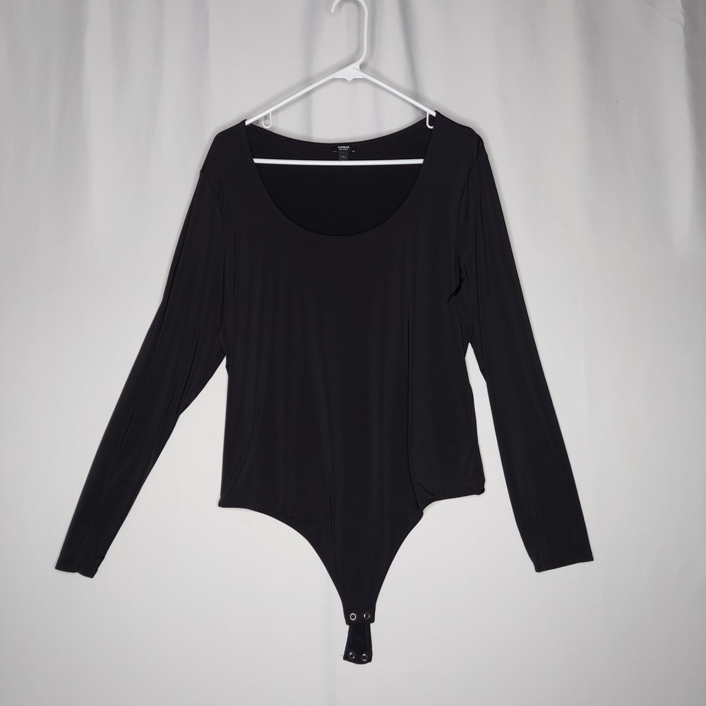 Express Body Contour Bodysuit Womens XL Black Long‎ Sleeve Scoop Neck Snap Thong
